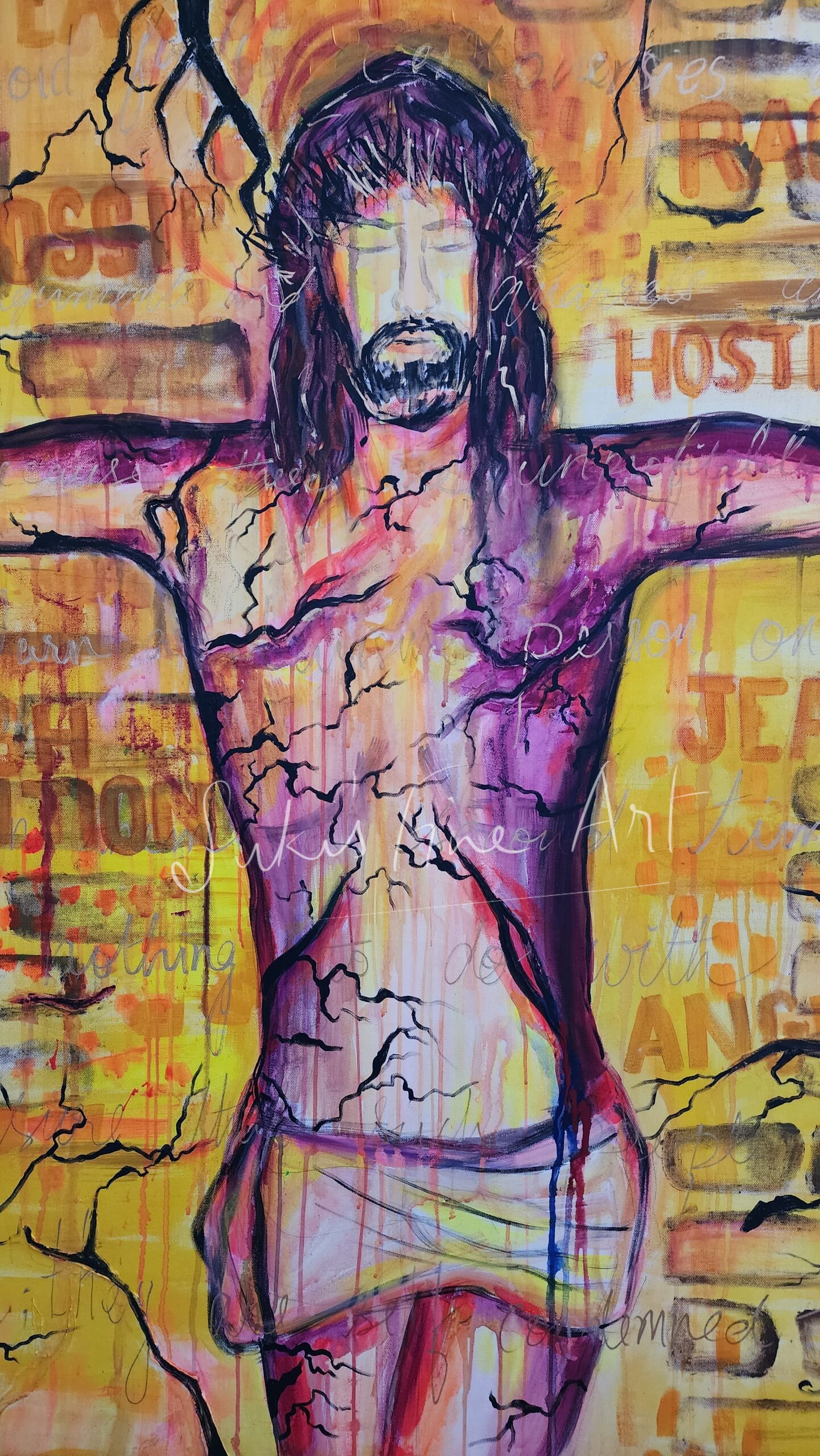 close-up of original acrylic painting, "It is finished, don't divide" by Sukirtha Joseph Premnath